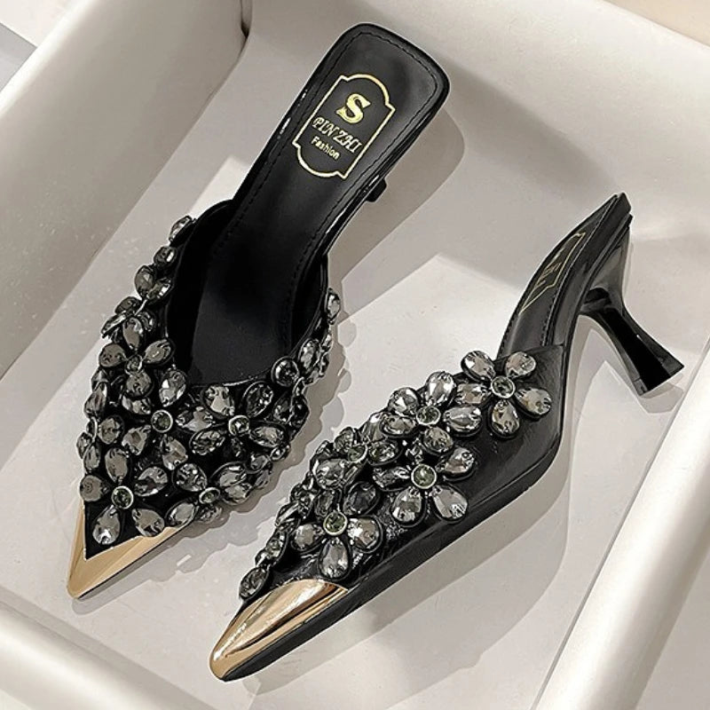 Luxury Rhinestones Pointed Toe Mules Pumps Women Slippers Summer New Fashion Slides Designer High Heeled Sandals Female Tacones