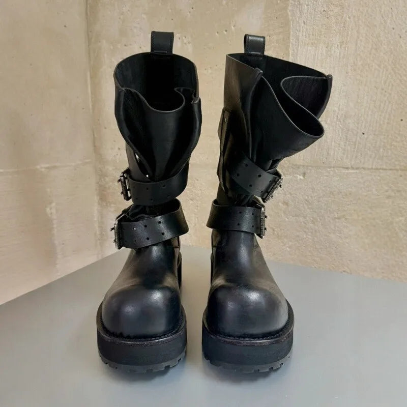 Modern Vintage Big Round Toe Height Increasing Boots Men's Belt Buckle Street Style Mid-Calf Boot Platform Motorcycle Boots