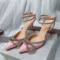 2025 New Fashion Glitter Rhinestones Women Pumps Crystal Bowknot Silk Pointed Toe Buckle Strap Thin High Heels Party Prom Shoes