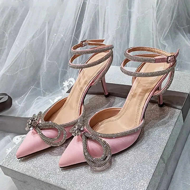 2025 New Fashion Glitter Rhinestones Women Pumps Crystal Bowknot Silk Pointed Toe Buckle Strap Thin High Heels Party Prom Shoes