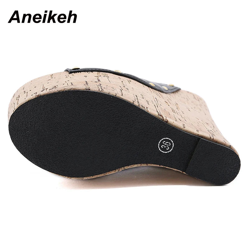 Aneikeh 2025 Summer Fashion Open Toe Sandals Platform Super High Heels Slip-on Metal Rivet Sandals Rome Party Women Mules black