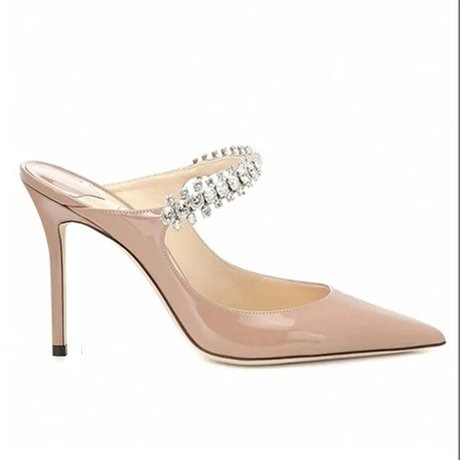 Elegant Leather Mules Pointed Toe Stylish Rhinestone Embellished High Heel Sandals Sophisticated Party Evening Shoes Footwear