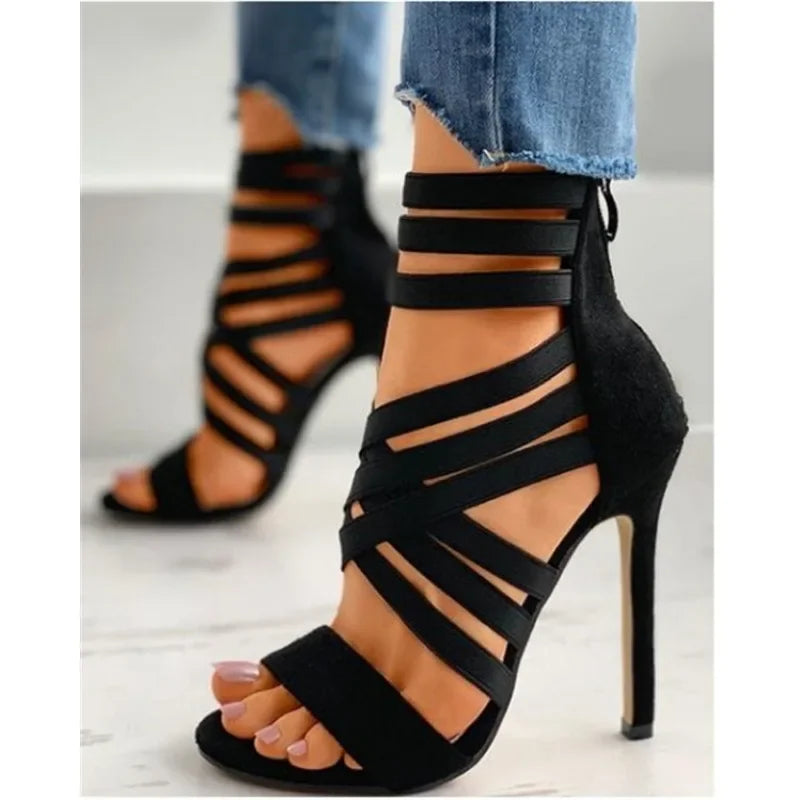 Summer women's fashion bandage back zipper sandals 2025 sexy pointed toe versatile solid color banquet party stilettos large 43