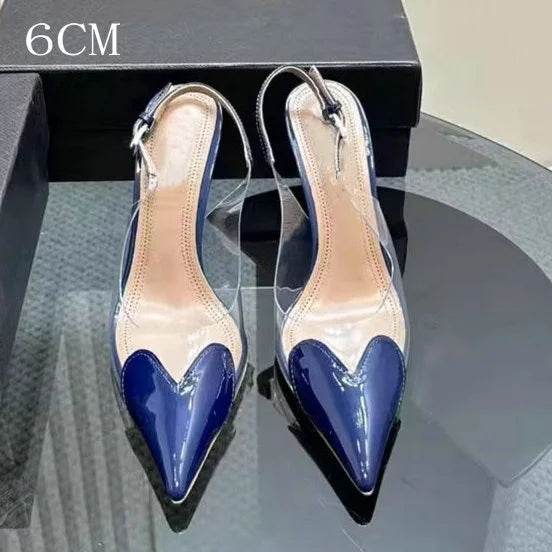 2026 New Pointy Peach Heart Fine Heel Shoes Sexy Pvc Transparent Film Black Patent Leather High Heel Overhead Sandals