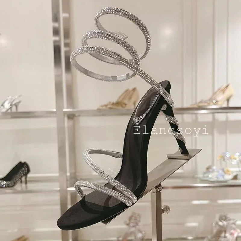 Thin Heels Gladiator Sandals Women's Shiny Rhinestone Ankle Snake Shaped Winding Party Shoes Summer Fashion High Heels Sandalias
