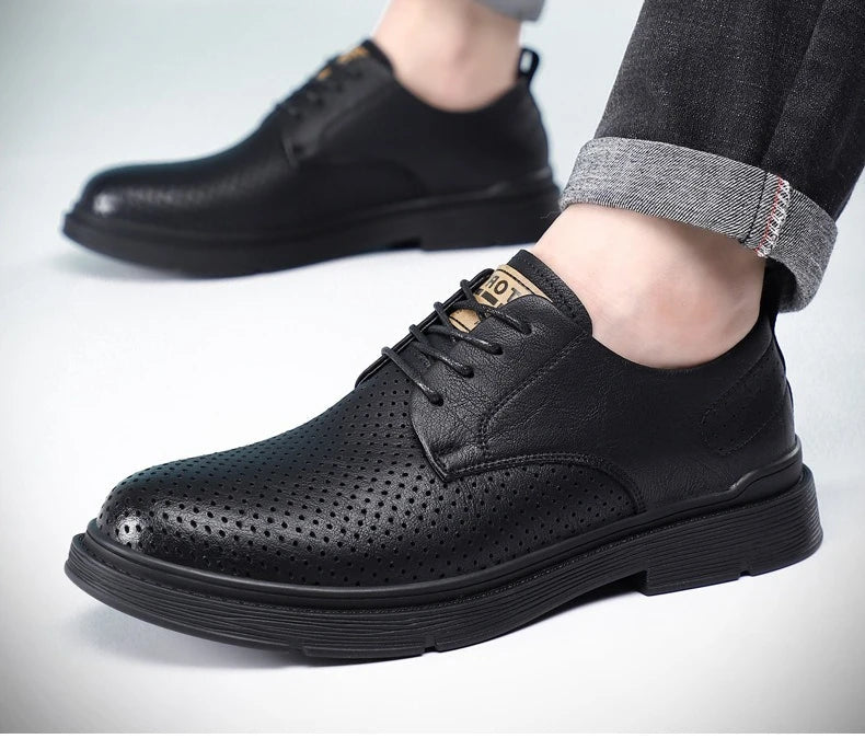 Summer Autumn New Low Top Cow Leather Shoes for Men Hallow Lace Designer Platform Shoes Male Fashion Business Casual Shoe Man