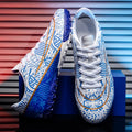 High quality, high-top football shoes, unisex style, comfortable, breathable, available in TF and FG options.  Sole spikes
