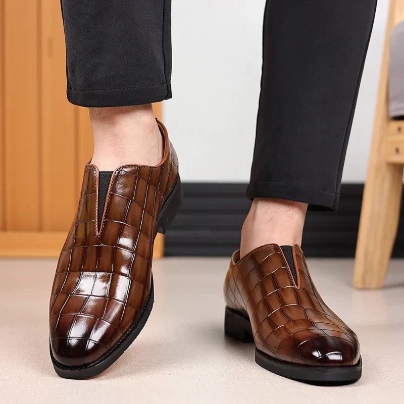 Mens Classic Temperament Brown Crocodile Embossed Leather Loafers Slip On Formal Dress Shoes For Business Office And Casual Wear