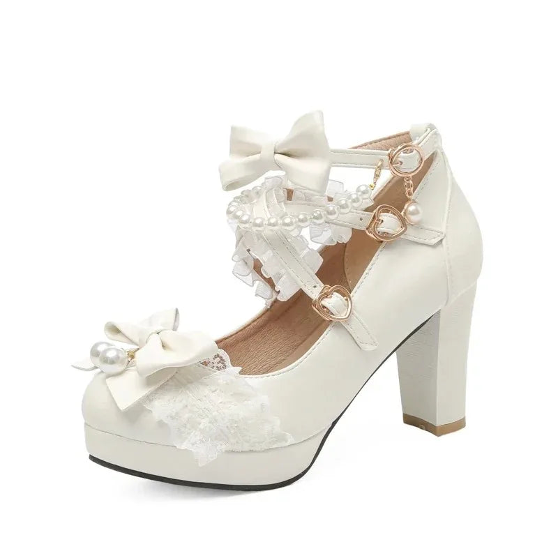 Cross Strap Women High Heels Mary Jane Pumps Party Wedding Cosplay White Pink Black Strawberry Bow Princess 2025 Lolita Shoes