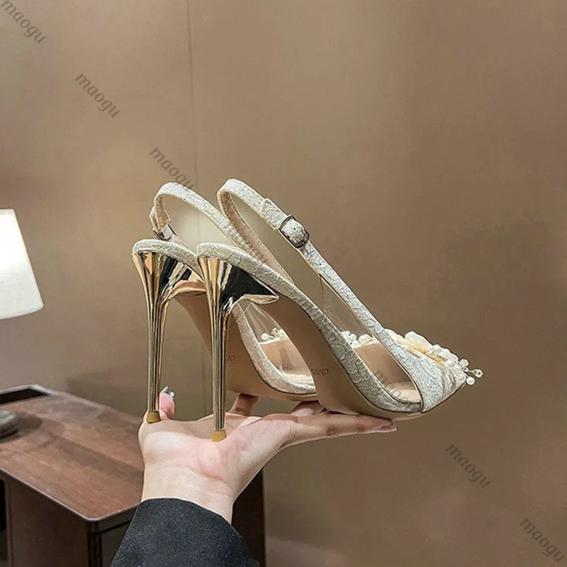 French Bride Gold Wedding Shoes for women Thin Heel Pointed Shallow Mouth Flower Rhinodrill High Heels Bao Head Fashion Sandals