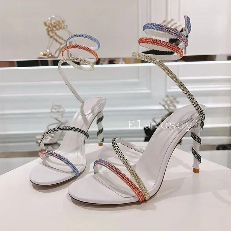 Thin Heels Gladiator Sandals Women's Shiny Rhinestone Ankle Snake Shaped Winding Party Shoes Summer Fashion High Heels Sandalias