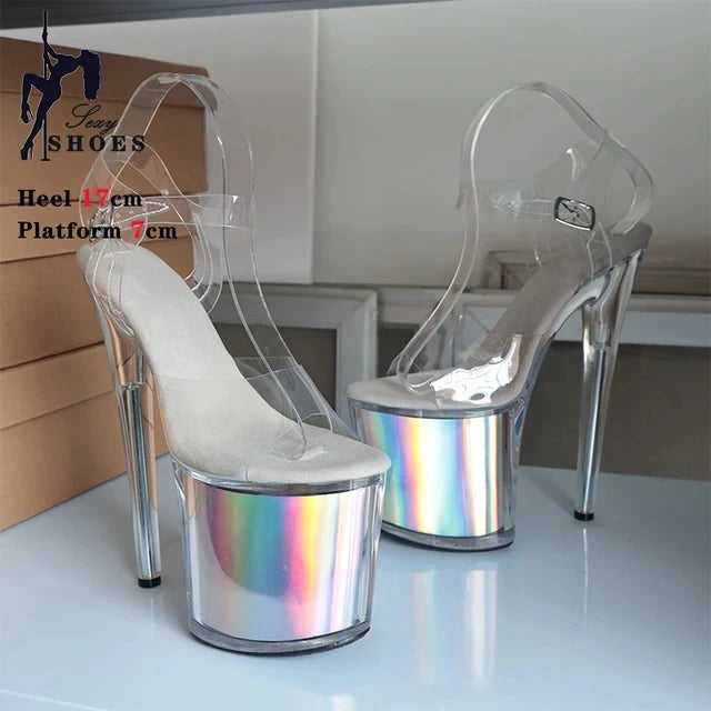 High-quality 17CM/7inches Women Sandals Stripper High Heel Shoes Transparent Platform Glitter Stiletto Pole Dance Shoes Wedding