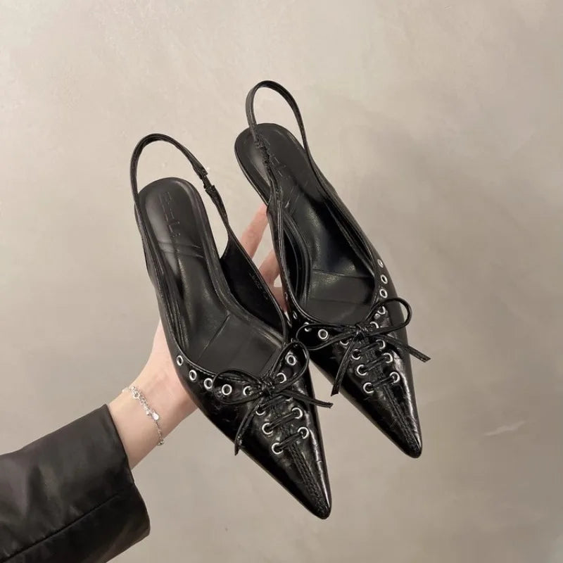 Summer 2025 Pointed Toe Slingbacks Sandals Women Elegant Kitten Heel Dress Shoes Shallow Comfy Bowknot Office High Heels Ladies