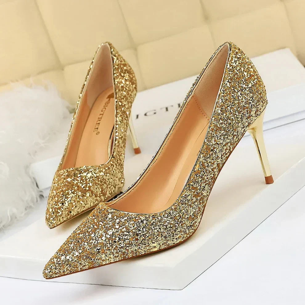 Women Luxury Bling Red  Blue Valentine Party Scarpins Pumps Lady Glitter Sequins 7cm 9.5cm High Heels Designer Shoes Plus Size