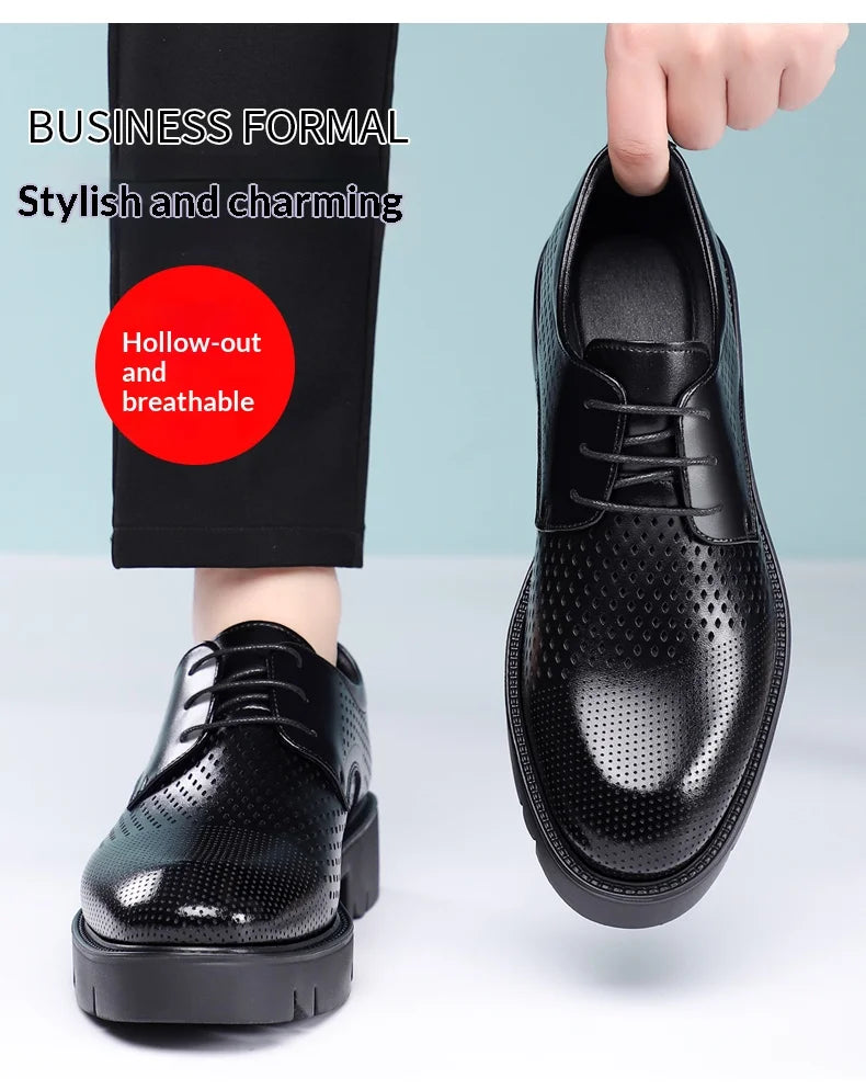 Summer Hollow Out Breathable Men Height Increasing Oxford Shoes 8/10CM Formal Business Dress Wedding Party Elevated Leather Shoe
