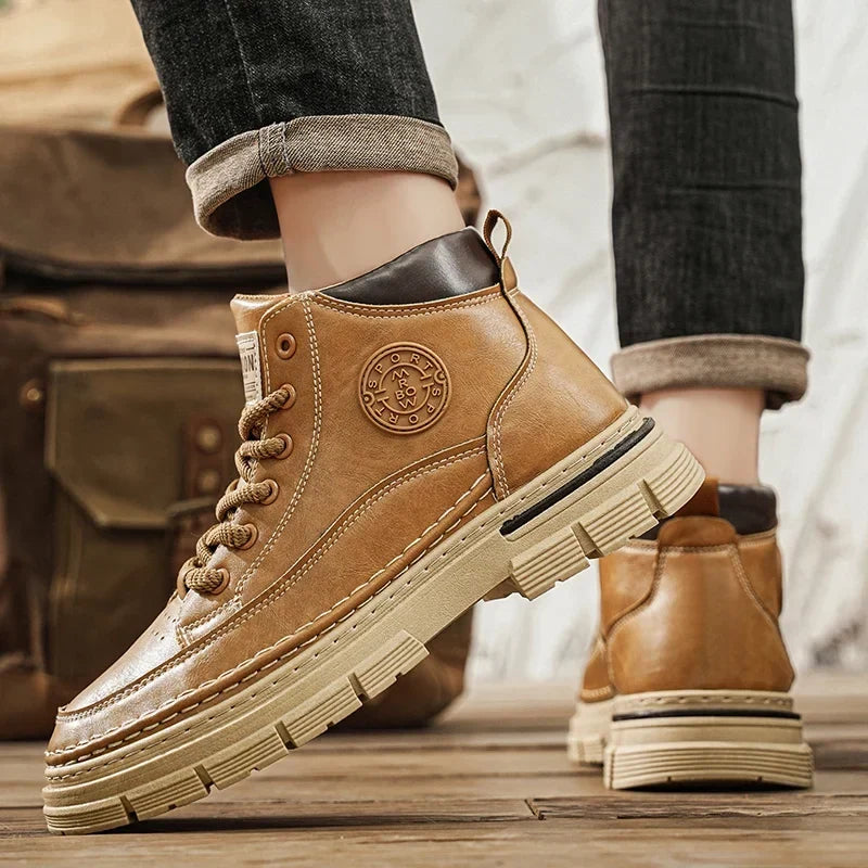 Men's High Top Leather Shoes Work Yellow Boots Thick Bottom Casual Boots Fashion Outdoor Hiking Shoes Mens Boots