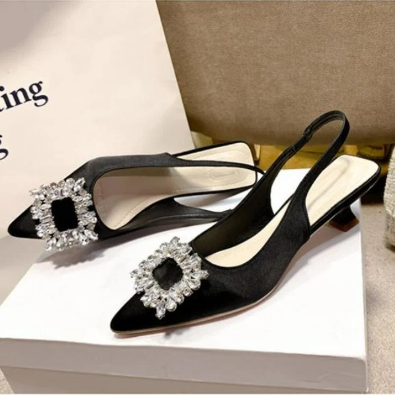 Summer Women Sandals New Women's Shoes Pointed Toe Shallow Nude Pink Diamond Shoes Low Heel Back Strappy Shoes Women dress shoes