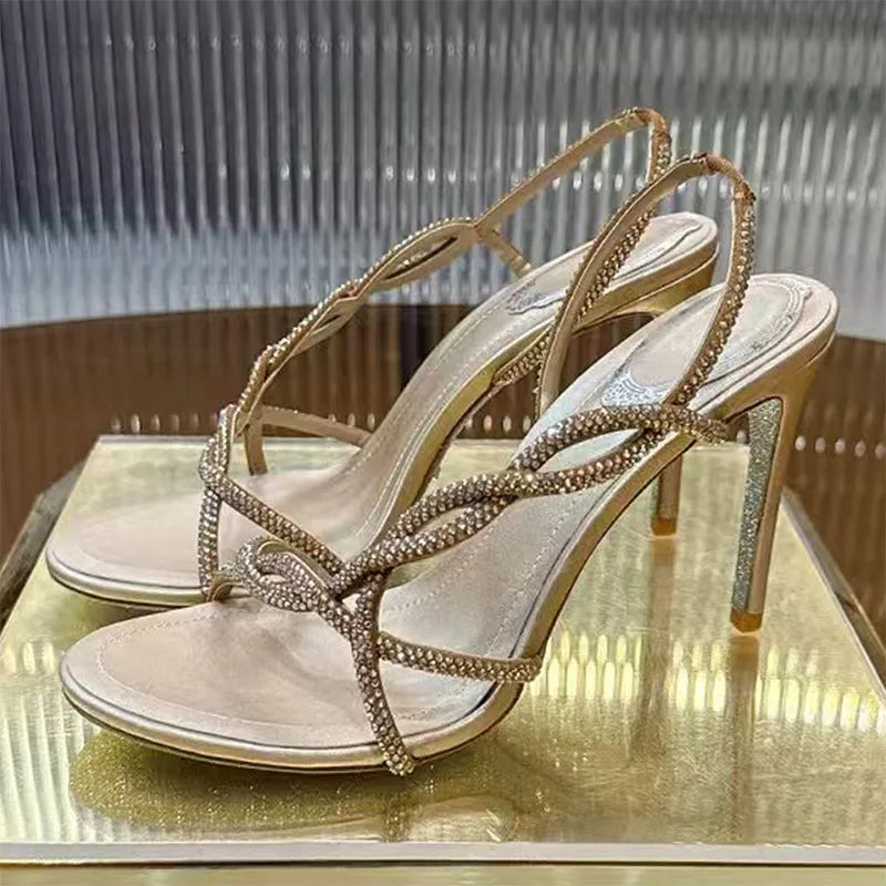 Summer High Heels Sandals For Woman Bling Rhinestone Cross-tied Banquet Dress Shoes Open Toe Stiletto Crystal Sandalias Women
