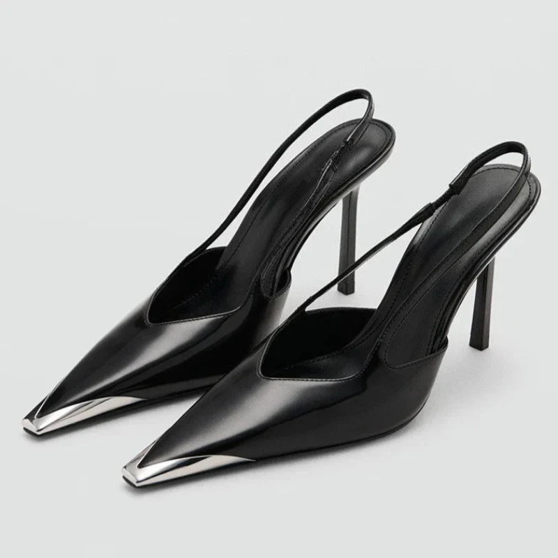 Novelty Metal Pointed Toe High Heels Women 2026 New Elegant Slingback Heeled Sandals Sexy Black Patent Leather Designer Shoes