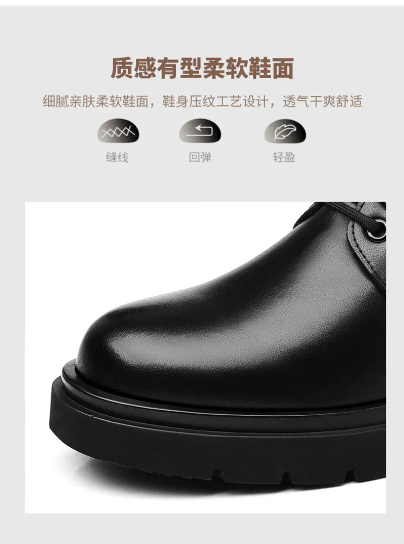 Mens Black Leather Lace Up Mid Top Boots Winter Warm Formal Business Office Wedding Shoes Black Work Boots Fashionable Dad Shoes