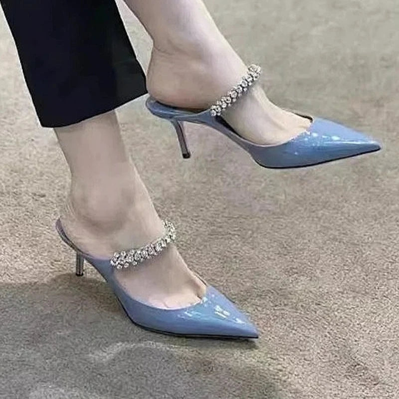 2025 Summer New Pointed High Heels Women's Muller Shoes Transparent Water Diamond Sexy Fashion Thin Heel Women's Sandals