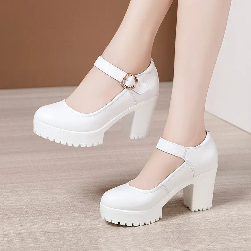 6 8 10cm Small Size 32-43 Shallow Thick Bottom Genuine Leather Shoes Platform Pumps 2026 Block High Heels Shoes Office Model
