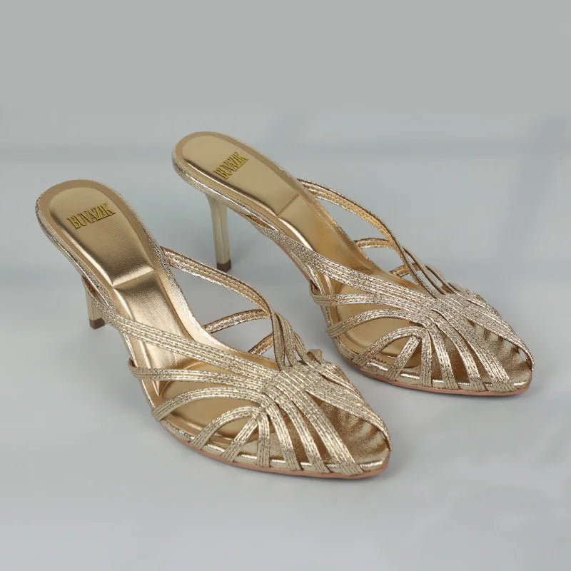 Women Shoes 2025 New Gold Hollow High Heels Luxury Pointed Toe Heeled Pumps for Women Office Mules Summer Stiletto Shoes Sandals