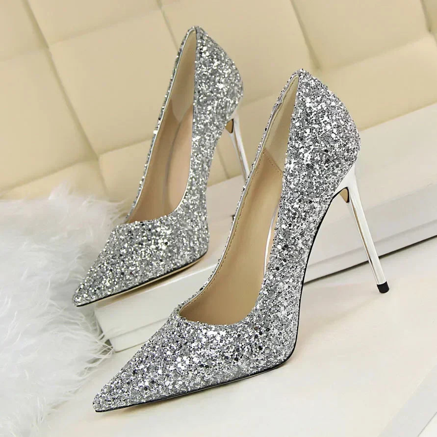 Women Luxury Bling Red  Blue Valentine Party Scarpins Pumps Lady Glitter Sequins 7cm 9.5cm High Heels Designer Shoes Plus Size
