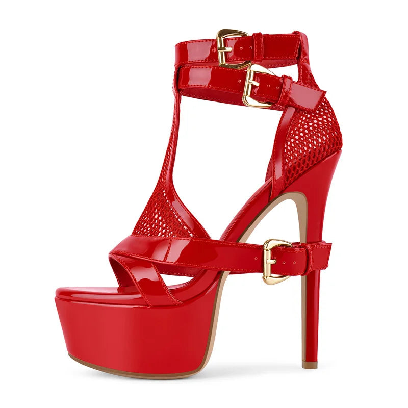 Onlymaker Women Yellow Mesh Buckle Peep Toe Platform Sandals Thin Heels Ankle Strap Buckle Dress Sexy Party Stiletto Sandals