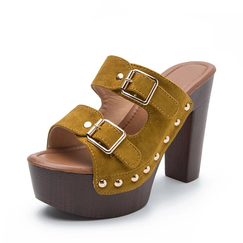 Super High Heels Women Platform Sandals Chunky Wooden Heeled Slippers Rivet Buckle Strap Shoes Ladies Summer Peep Toe Sandalias