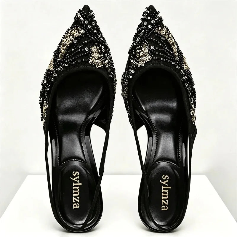 Fashion Mesh String Bead Embellished Design Heels Women Elegant Pointed Toe Back Strap Slide Sandals Black Party Dress Shoes