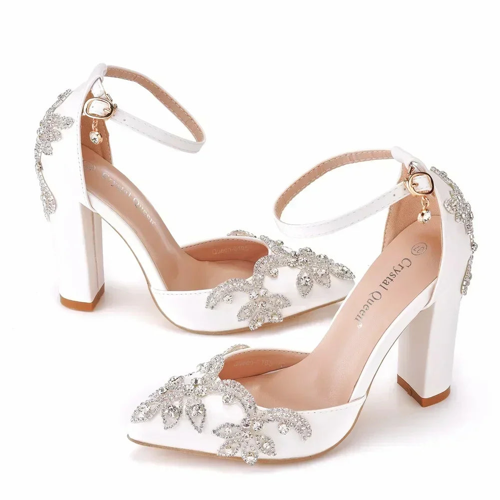 2026 Thick Heel Pointed Toe Shoes Large Size  Thick Heel Sandals Women Rhinestone Wedding Shoes Women White Wedding Shoes Drill