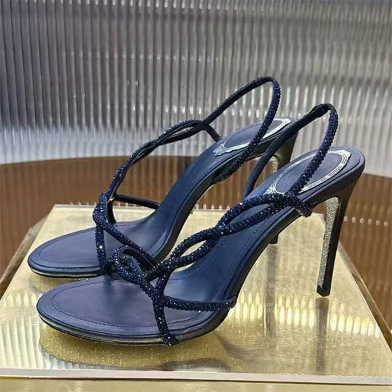 Summer High Heels Sandals For Woman Bling Rhinestone Cross-tied Banquet Dress Shoes Open Toe Stiletto Crystal Sandalias Women
