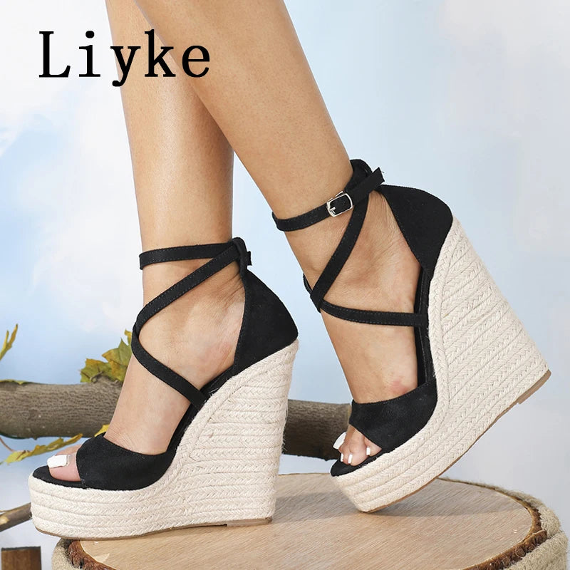 Liyke Size 35-42 Platform Wedge Sandals Sexy Fashion Thick Bottom Open Toe Buckle Strap Black High Heels Woman Shoes Summer 2026