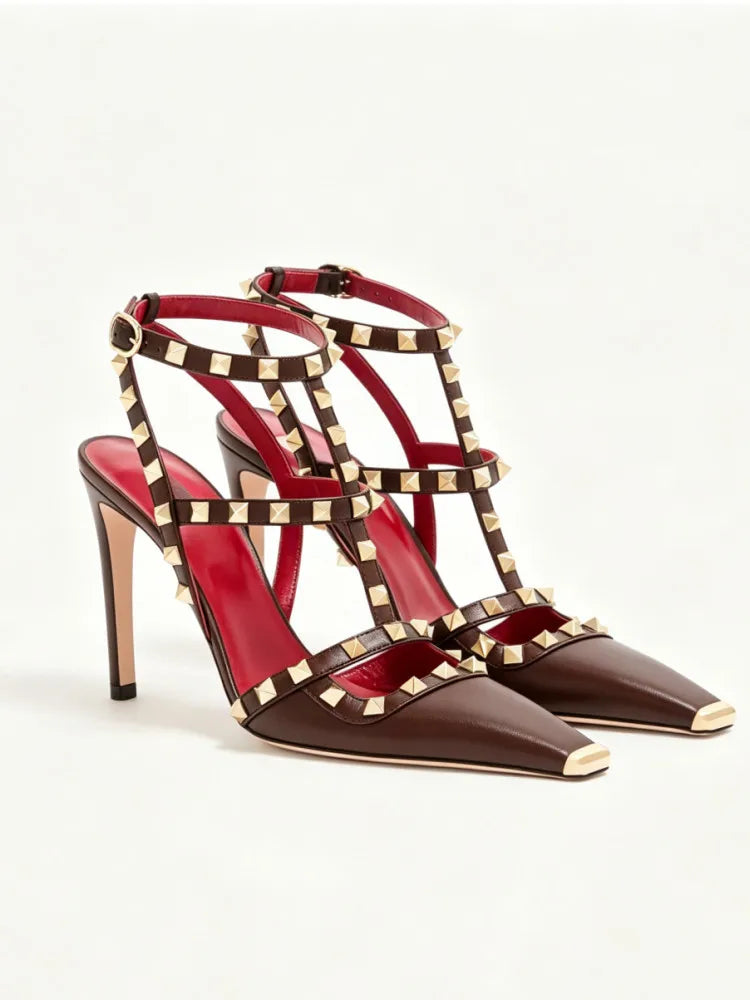 2026 Women's Rivet Low Heel Square Head Stiletto Sandals Fashion Show Party Summer Women's High Heel Sandals
