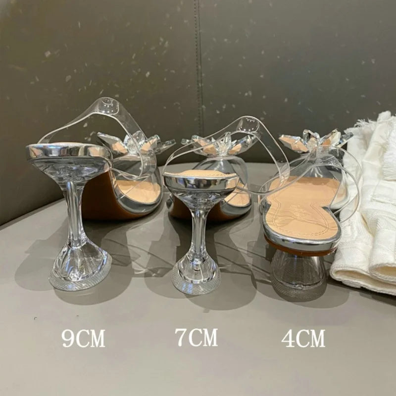 Silver Baotou Sandals Women 2026 New Summer Beautiful Pointy Wine Glass Celebrity Crystal Flower Transparent High Heels