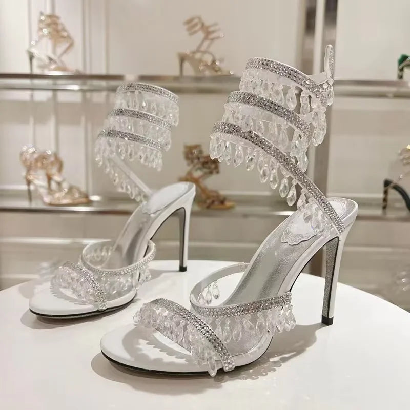 Sexy High Heels Gladiator Sandals Women Crystal String Bead Snake Twine Around Ankle Strap Wedding Shoes Summer Sandals Woman