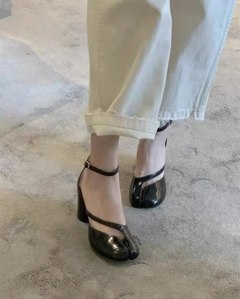 Ankle Strap Fashion Patent Leather Split Toe Women Spring Summer Round High heels Slingbacks Female Tabi Chunky Casual Shoes