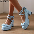 NASBAVI Lolita Platform High Heels Cross Strap Mary Jane Pumps Sweet Bow Women Shoes Purple Ladies Princess Thick Heel Shoes
