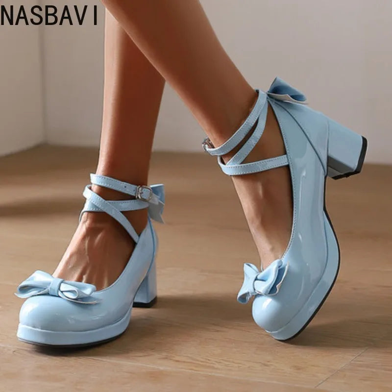 NASBAVI Lolita Platform High Heels Cross Strap Mary Jane Pumps Sweet Bow Women Shoes Purple Ladies Princess Thick Heel Shoes