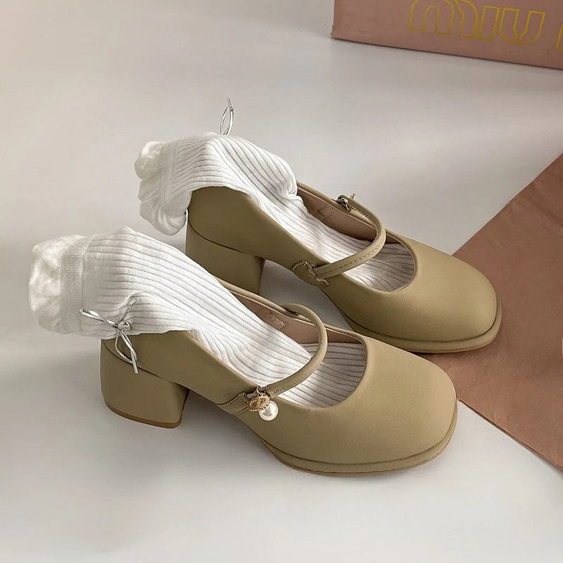 Thick Heel Women Mary Jane Shoes Fashion Shallow Square Toe Slip On Shoes Ladies Outdoor Party Dress Pumps