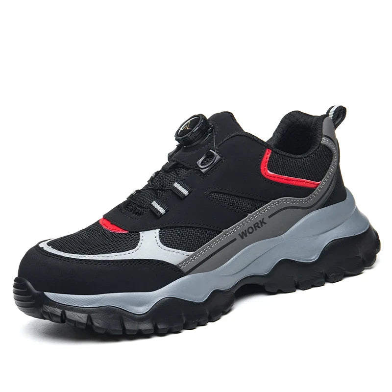 Mens Work Shoes Steel Toe Safety Boots Anti-smash Shoes Mens Black Lightweight Breathable Sneakers Rotary Button Shoes