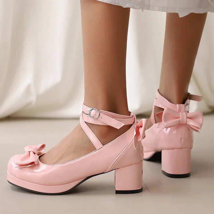 NASBAVI Lolita Platform High Heels Cross Strap Mary Jane Pumps Sweet Bow Women Shoes Purple Ladies Princess Thick Heel Shoes
