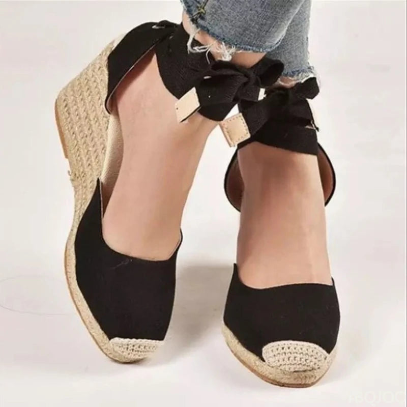 2026 New Large Slope Heel Women's Sandals Thick Bottom Baotou Bag with Foot Ring Strap Cloth Surface Hemp Rope Sandals for Women
