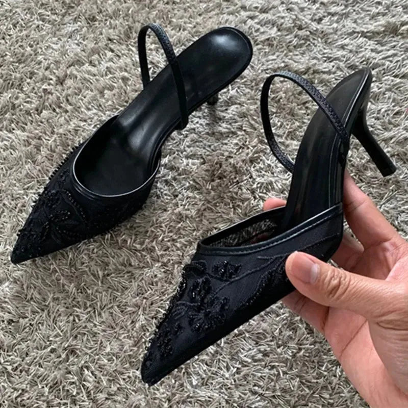Mesh Embroider String Bead Detail High Heels Women Sexy Brown Pointed Toe Back Strap Heeled Sandals Summer Elegant Women Shoes