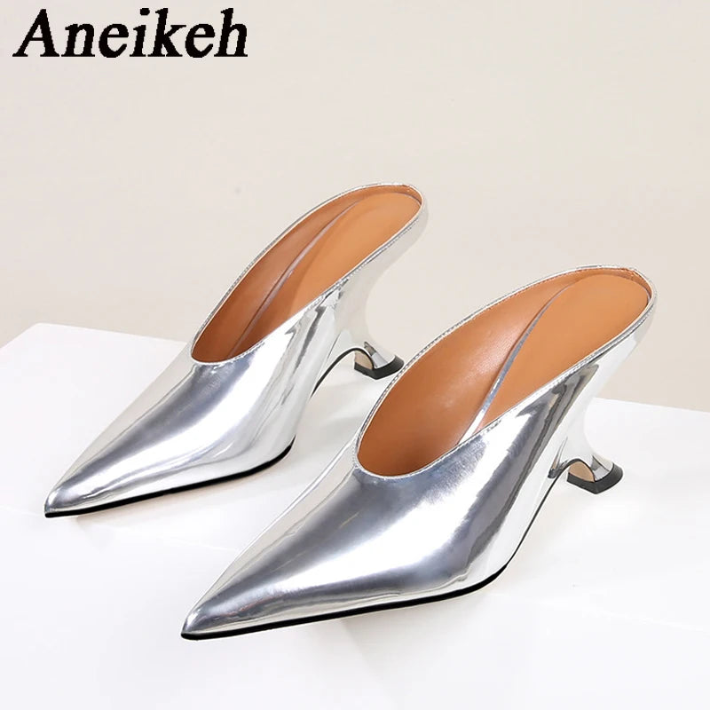 Aneikeh Fashion Silvery Sequined Women Slingbacks Pumps Pointed Toe High Heels Wedding Prom Ladies Shoes