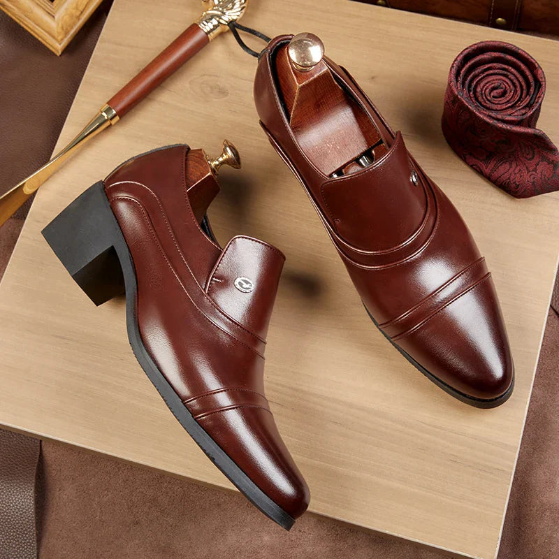 Men Business Formal Height Increasing Leather Shoes Classic Retro Elevated Loafers Lift Dress Shoes for Wedding Banquet Office