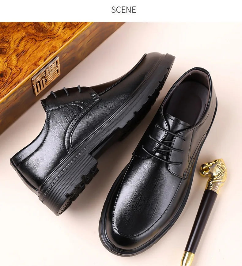 Men's Lace-up Business Casual Leather Shoes Spring Autumn New Platform Work Shoes Male Fashion Solid Color Dress Shoe Man