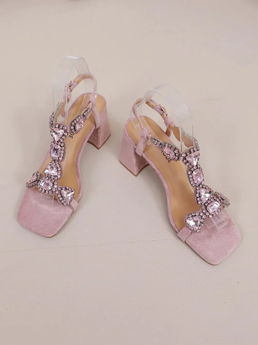 Glamorous Pink/Green Gemstone High Heel Sandals  Women's Elegant Rhinestone Ankle Strap Party Wedding Footwear