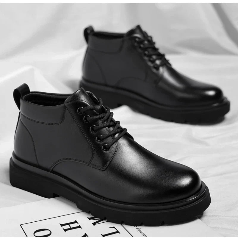 Mens Black Leather Lace Up Mid Top Boots Winter Warm Formal Business Office Wedding Shoes Black Work Boots Fashionable Dad Shoes